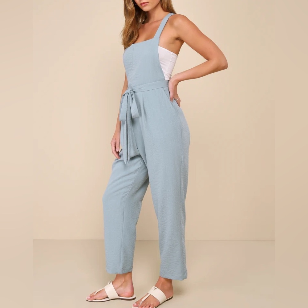 NWT Lulus Poised Simplicity Sage Blue Backless Overall Slim Leg Jumpsuit | sz M
